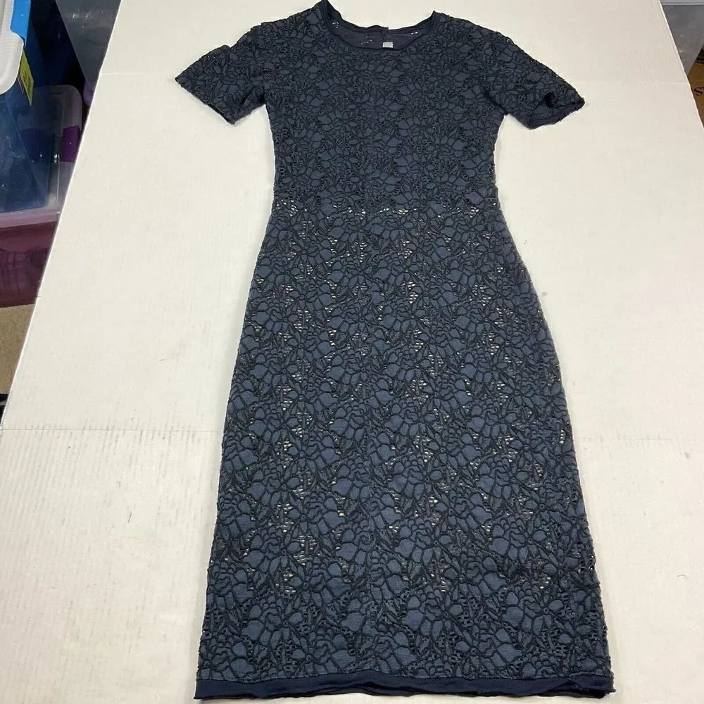 Raquel Allegra Lace Midi Pencil Dress Blue Black Short Sleeve Cocktail Size 0